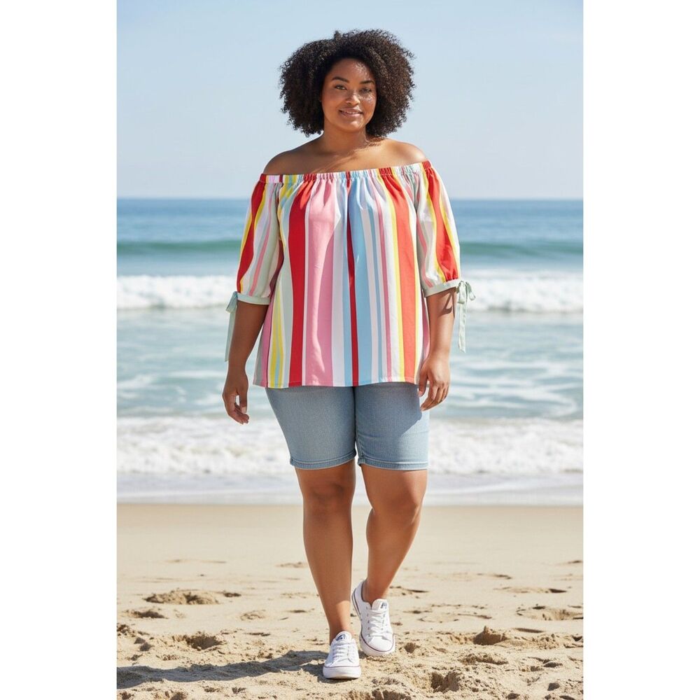 Junarose Women's Size 22 NWT Multicolor Striped Off-The-Shoulder Summer Blouse